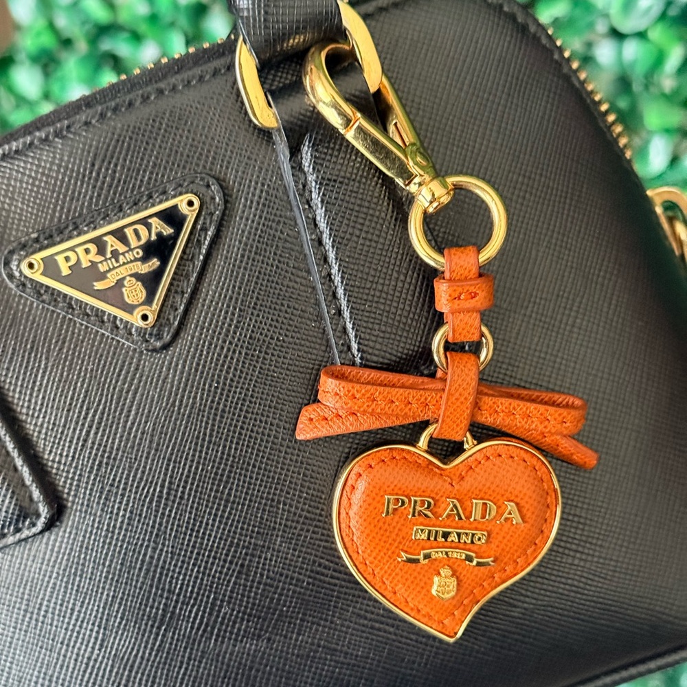Prada Orange Leather Heart Keychain Bag Charm with COA